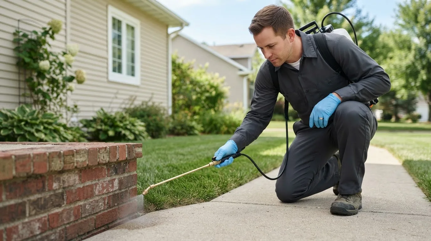 Pest control technician treating a home near Scobey, MS